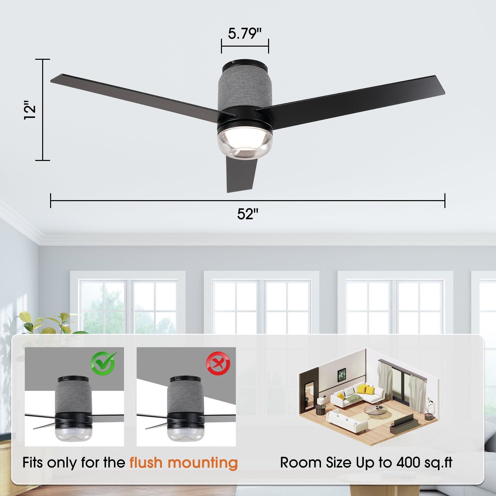 52 Inch Pearl Black RGB LED Smart Fan with Remote App and Voice Control