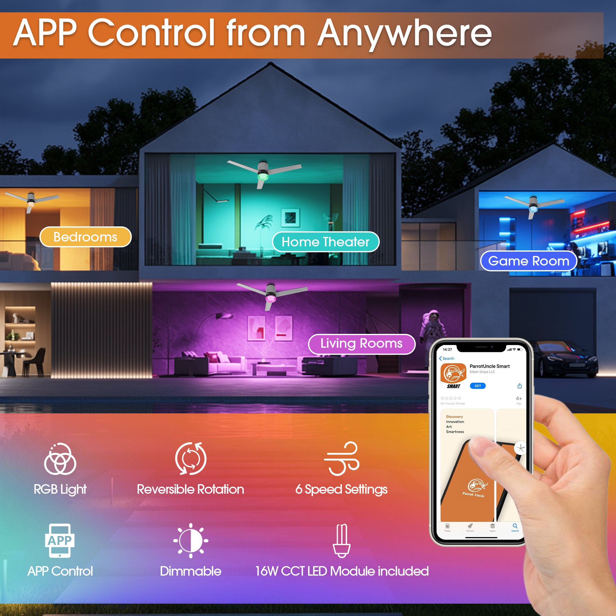 52 Inch Pearl Black RGB LED Smart Fan with Remote App and Voice Control