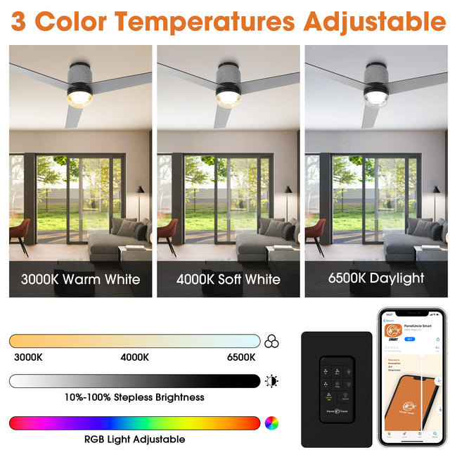 52 Inch Pearl Black RGB LED Smart Fan with Remote App and Voice Control