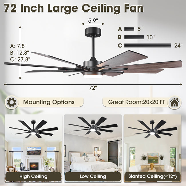 60 Inch 72 Inch Windmill Downrod Mount LED Ceiling Fan with Remote and APP Control