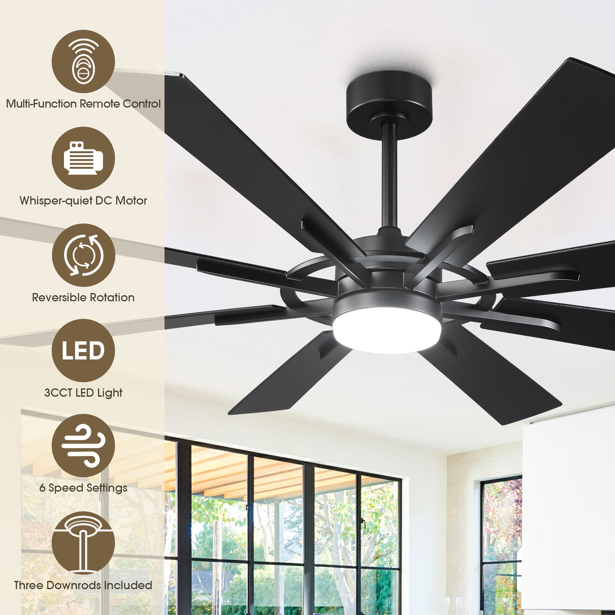60 Inch 72 Inch Windmill Downrod Mount LED Ceiling Fan with Remote and APP Control