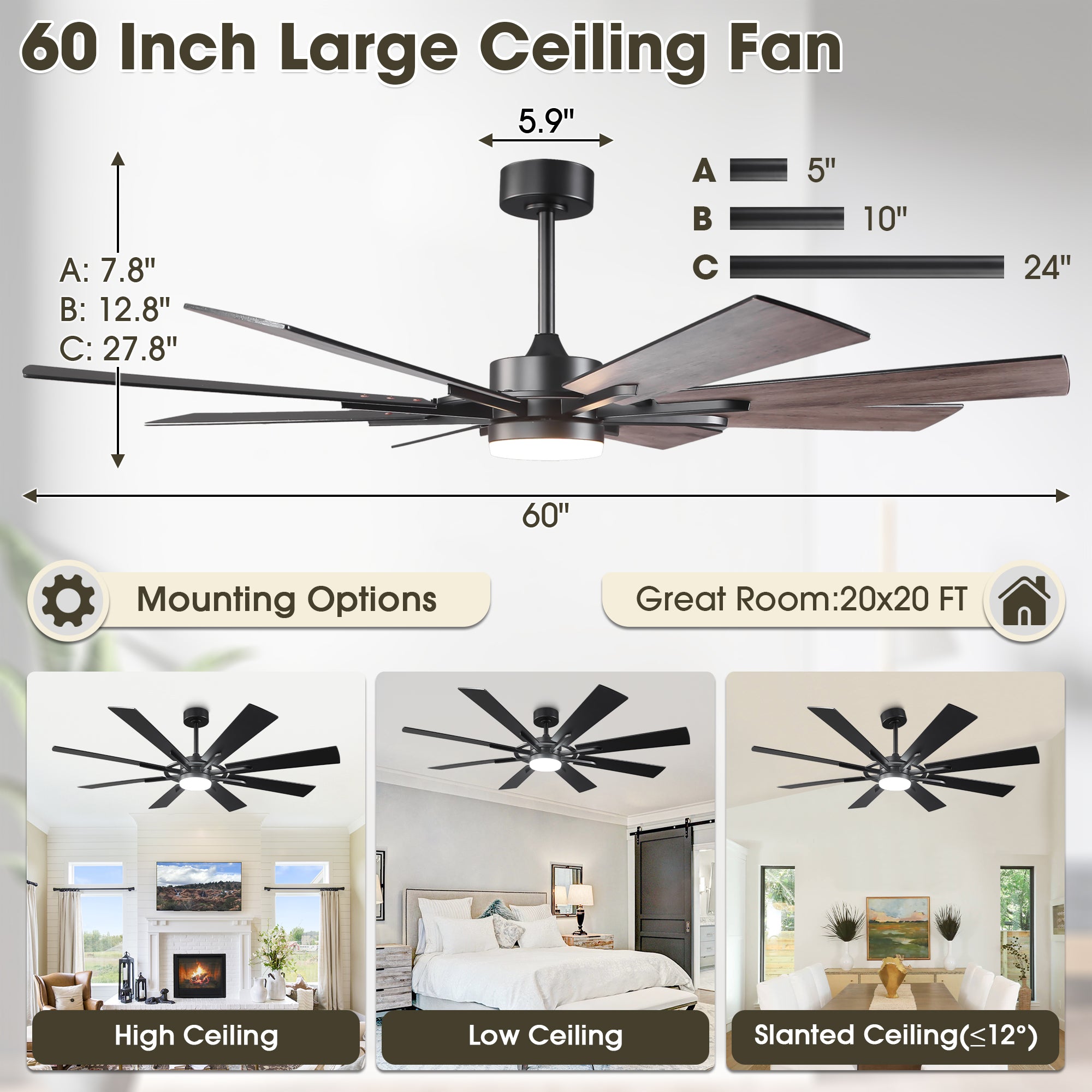 60 Inch 72 Inch Windmill Downrod Mount LED Ceiling Fan with Remote and APP Control