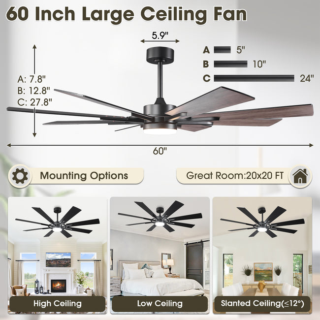 60 Inch 72 Inch Windmill Downrod Mount LED Ceiling Fan with Remote and APP Control