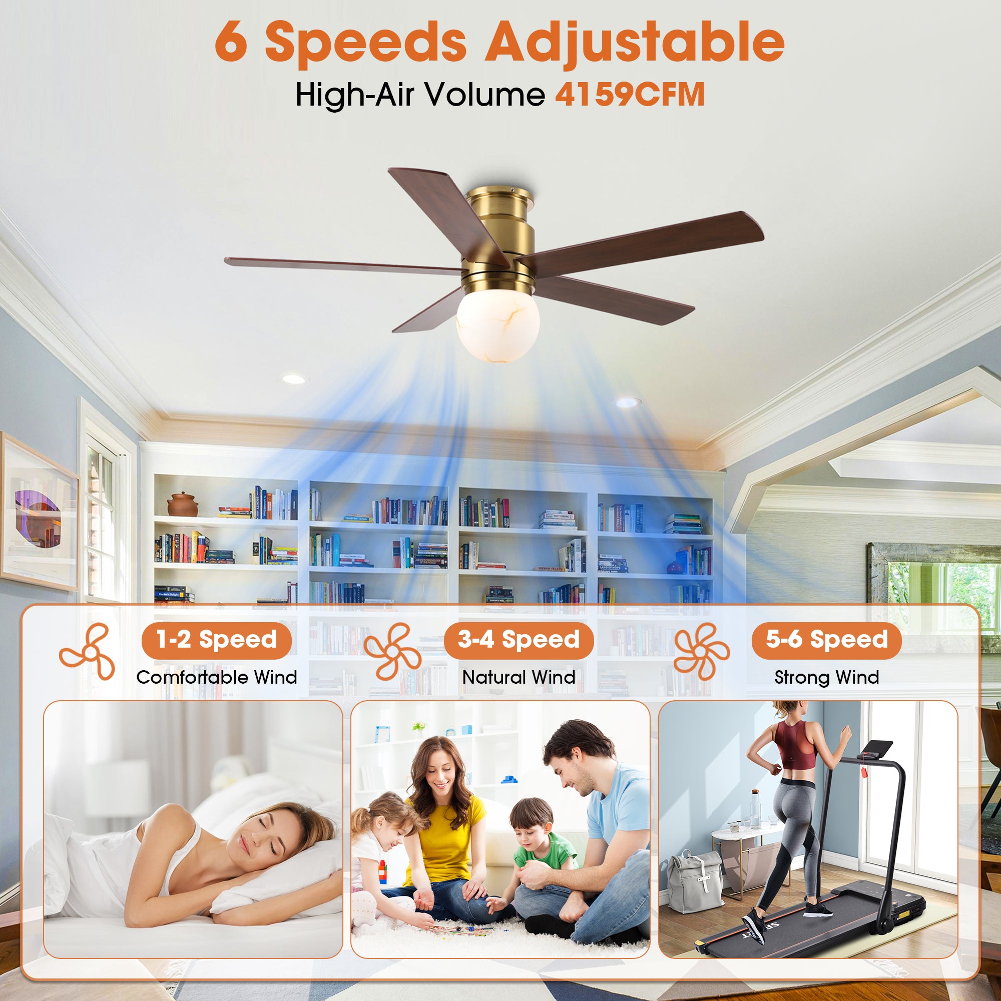 52 Inch Fanny Double-sided Blades Flush Mount LED Ceiling Fan with Remote Control