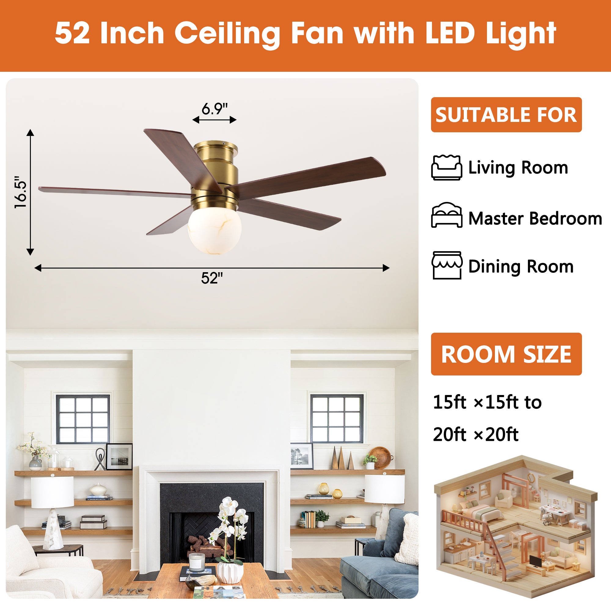 52 Inch Fanny Double-sided Blades Flush Mount LED Ceiling Fan with Remote Control