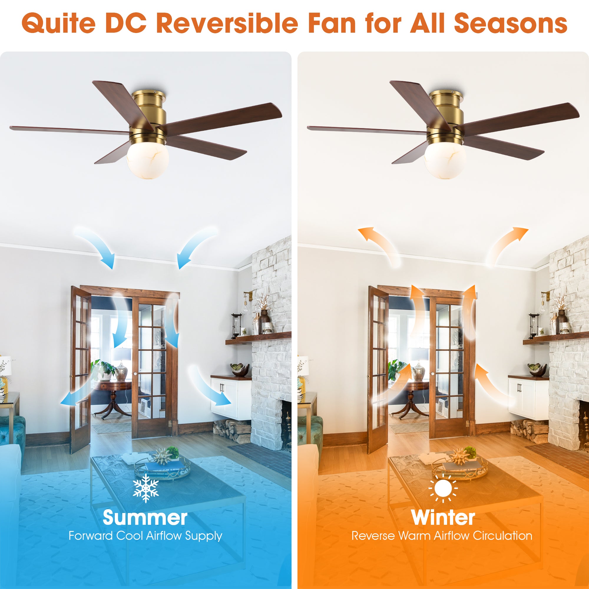 52 Inch Fanny Double-sided Blades Flush Mount LED Ceiling Fan with Remote Control
