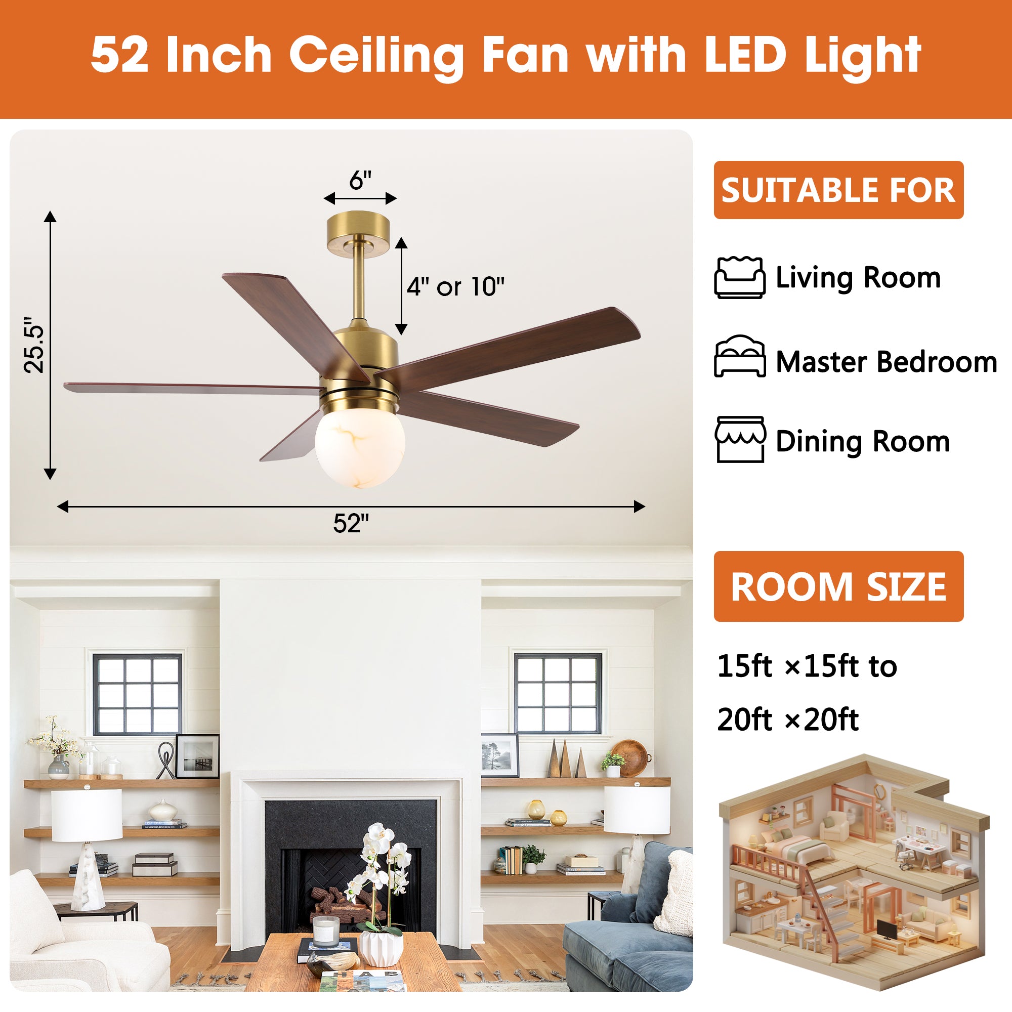 52 Inch Alva Double-sided Blades Downrod Mount LED Ceiling Fan with Remote Control