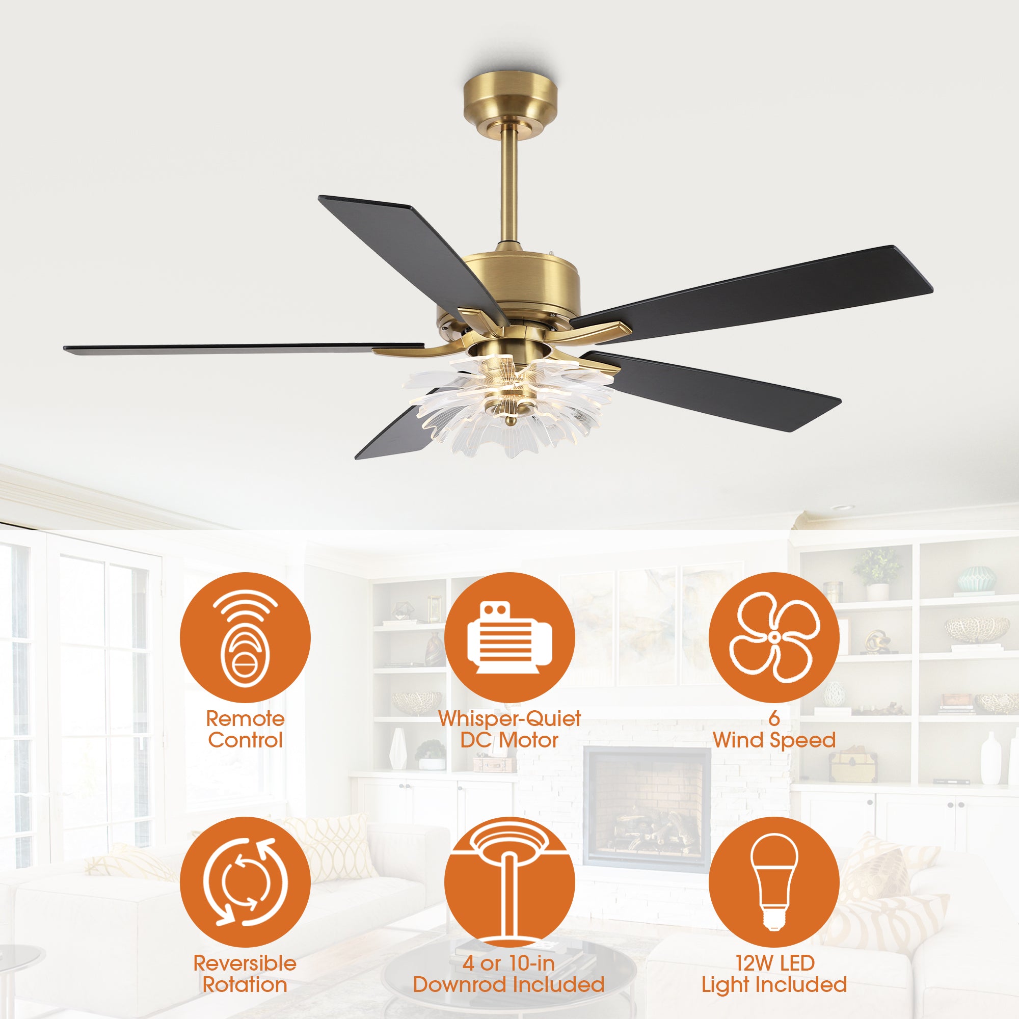 52 Inch Rory Modern Downrod Mount LED Ceiling Fan with Remote Control