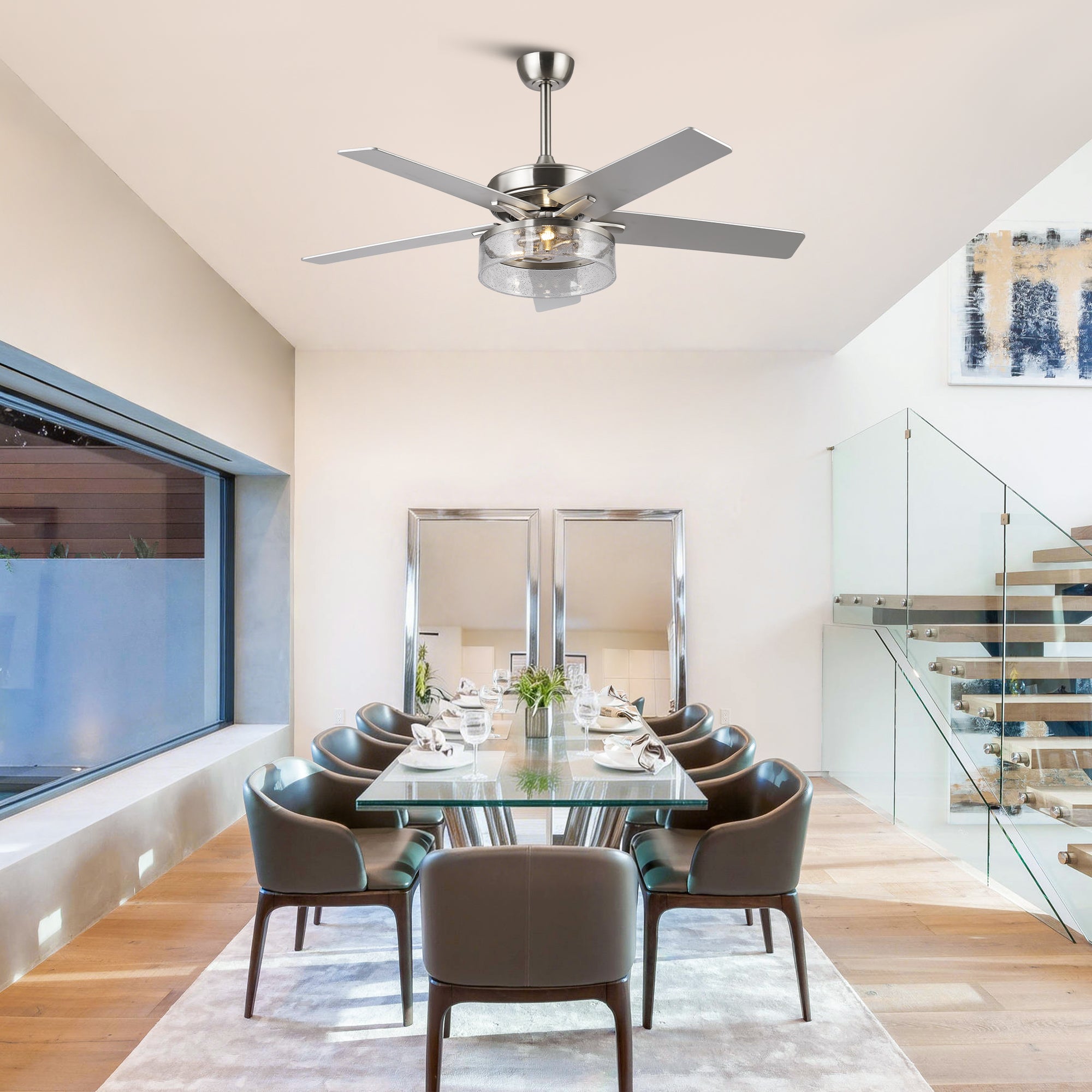 52 Inch Archer Modern Satin Nickel Ceiling Fan with Light & Remote Control