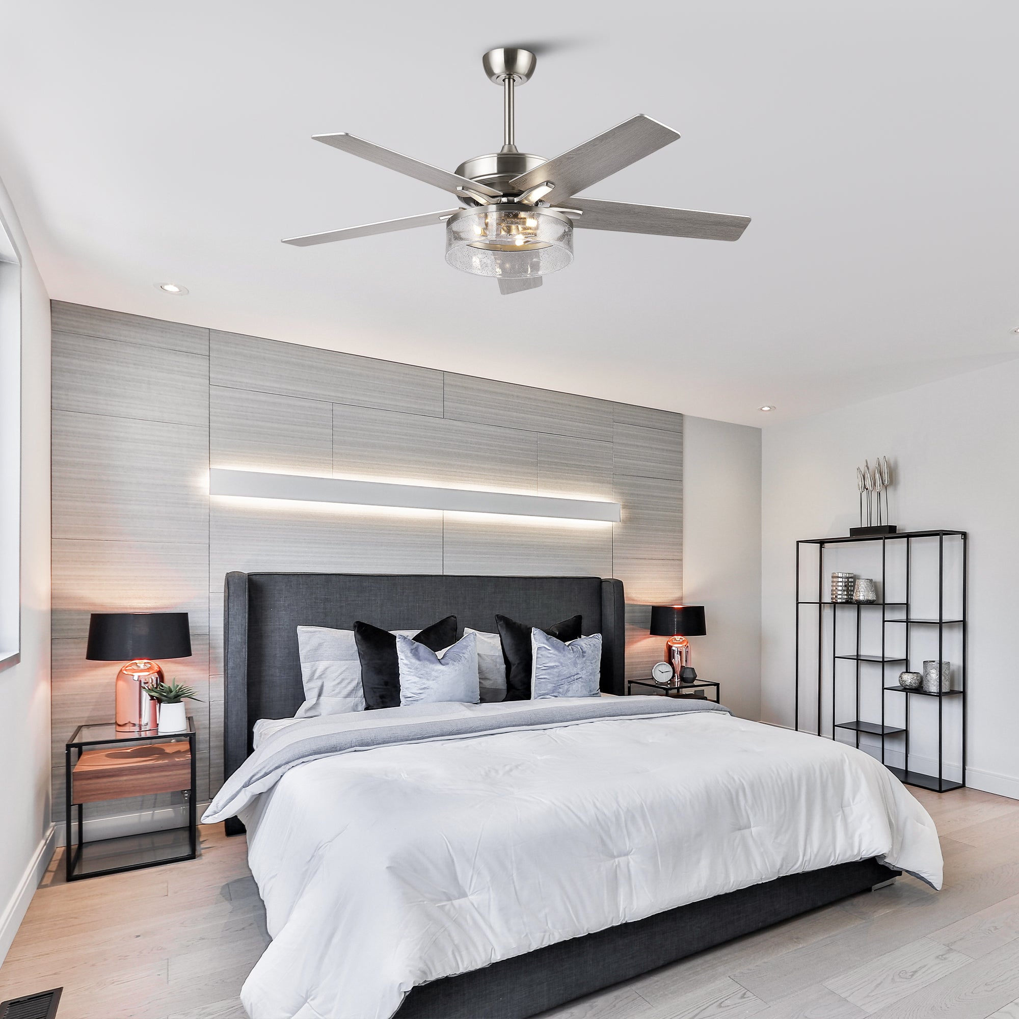 52 Inch Archer Modern Satin Nickel Ceiling Fan with Light & Remote Control