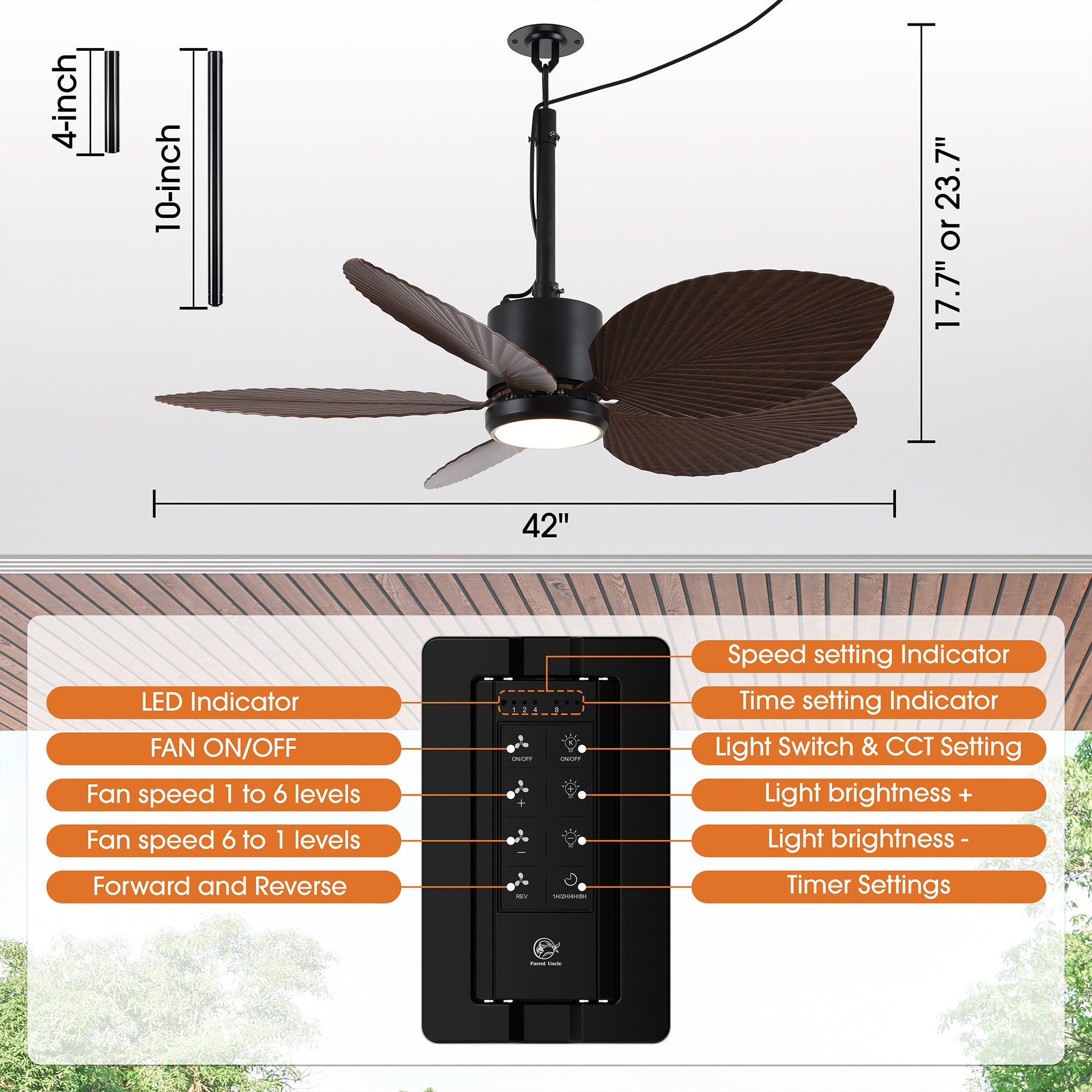 42 Inch Wythe IPX5 Outdoor Hanging Buckle Downrod LED Fan with Remote Control