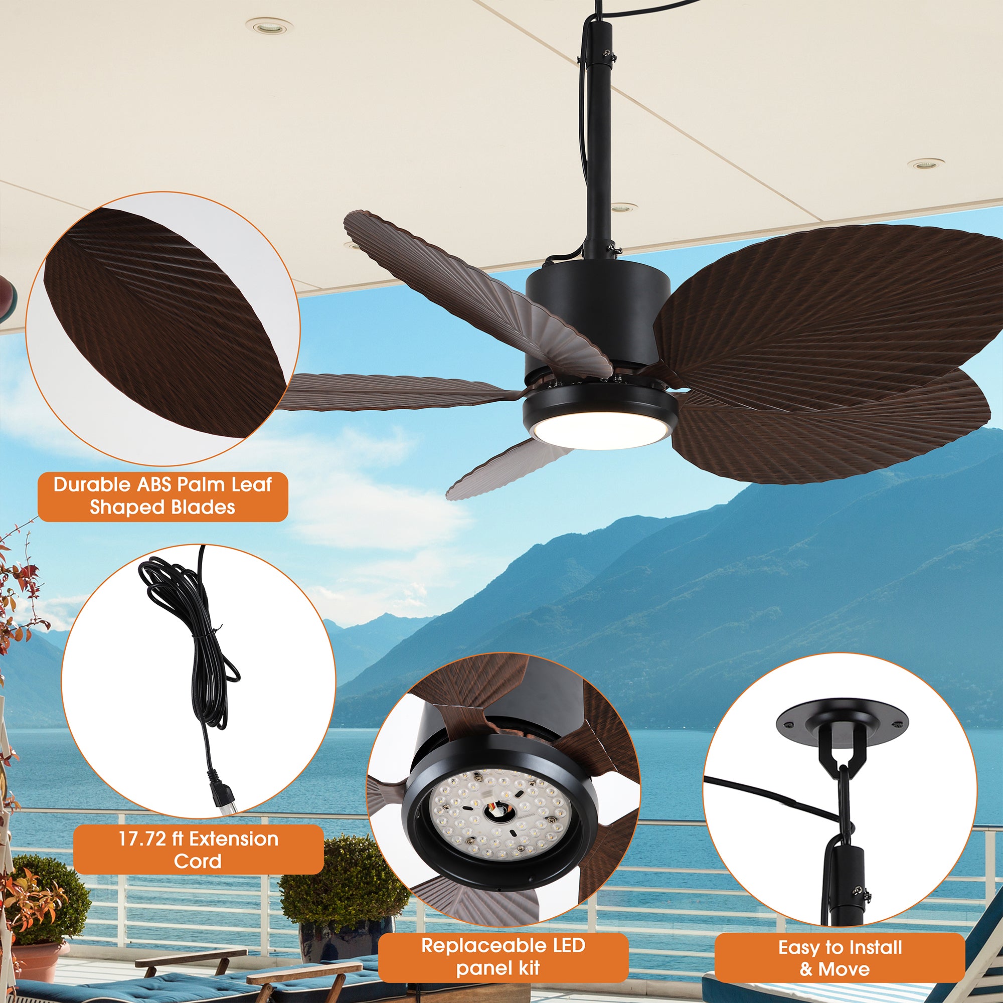 42 Inch Wythe IPX5 Outdoor Hanging Buckle Downrod LED Fan with Remote Control