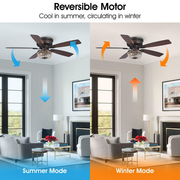 Ventilador de techo Crytsal reversible de montaje empotrado moderno de 48" con iluminación y control remoto