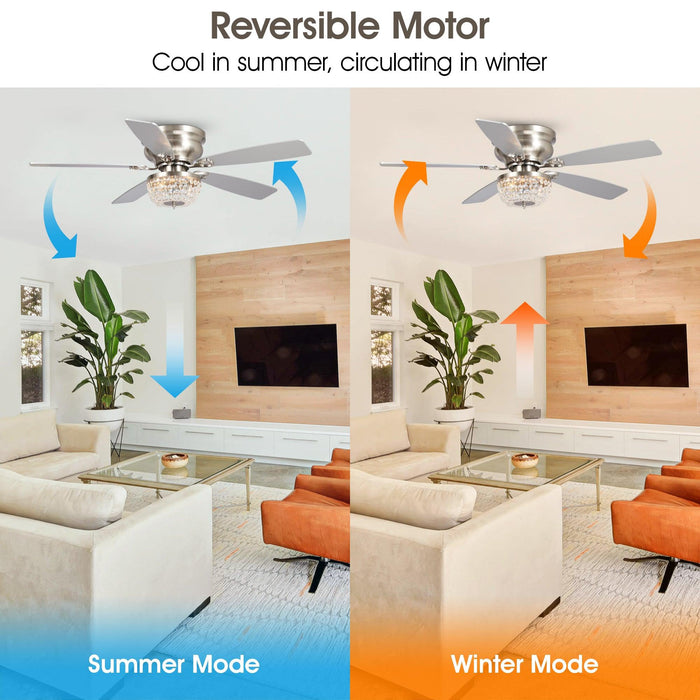 Ventilador de techo Crytsal reversible de montaje empotrado moderno de 48" con iluminación y control remoto