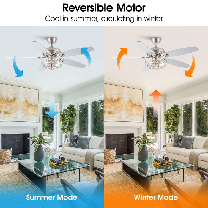 Ventilador de techo reversible industrial Kyla de 52" con montaje en varilla y níquel cepillado con iluminación y control remoto