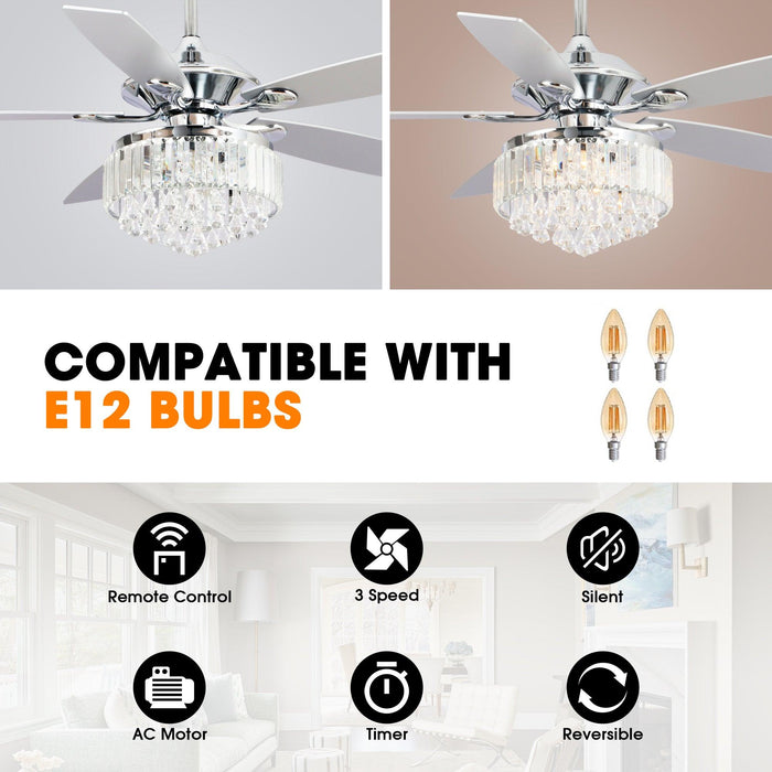 52" Elkton Modern Chrome Downrod Mount Reversible Crystal Ceiling Fan with Lighting and Remote Control