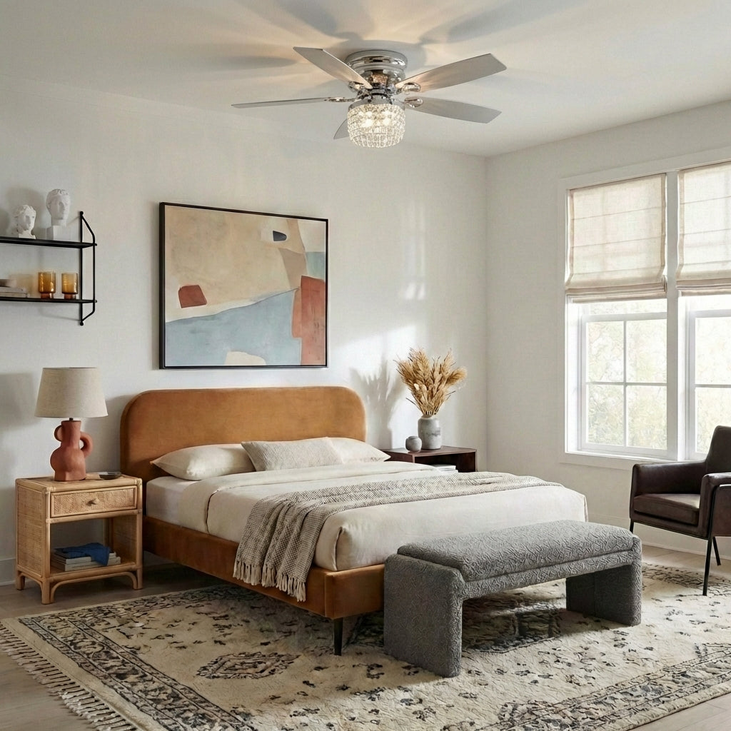 52" Panipat Modern Chrome Flush Mount Reversible Crystal Ceiling Fan with Lighting and Remote Control