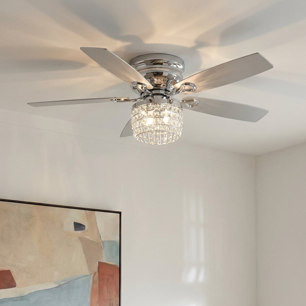 52" Panipat Modern Chrome Flush Mount Reversible Crystal Ceiling Fan with Lighting and Remote Control
