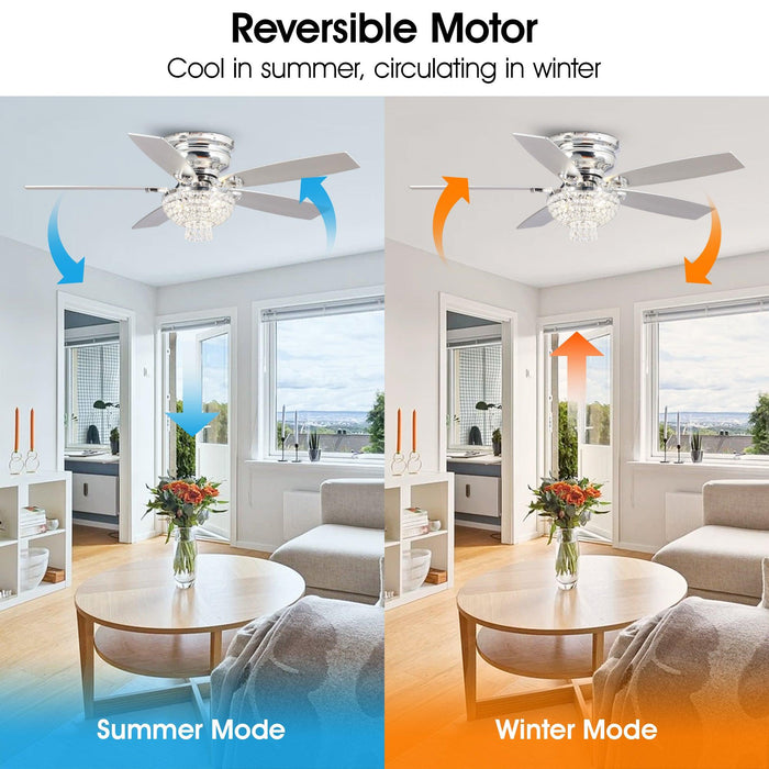 52" Kanpur Modern Chrome Flush Mount Reversible Crystal Ceiling Fan with Lighting and Remote Control