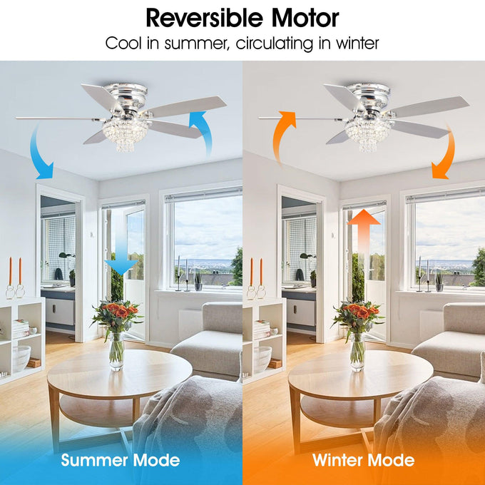 Ventilador de techo de cristal reversible de montaje empotrado cromado moderno de 52 