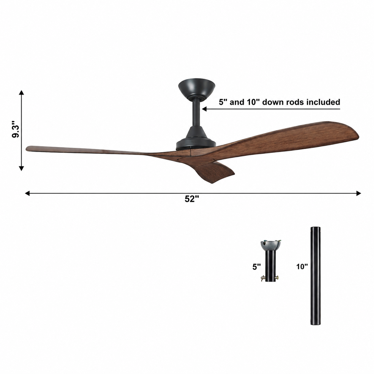 52-inch ceiling fan with wood blades and included 5 and 10 inch down rods