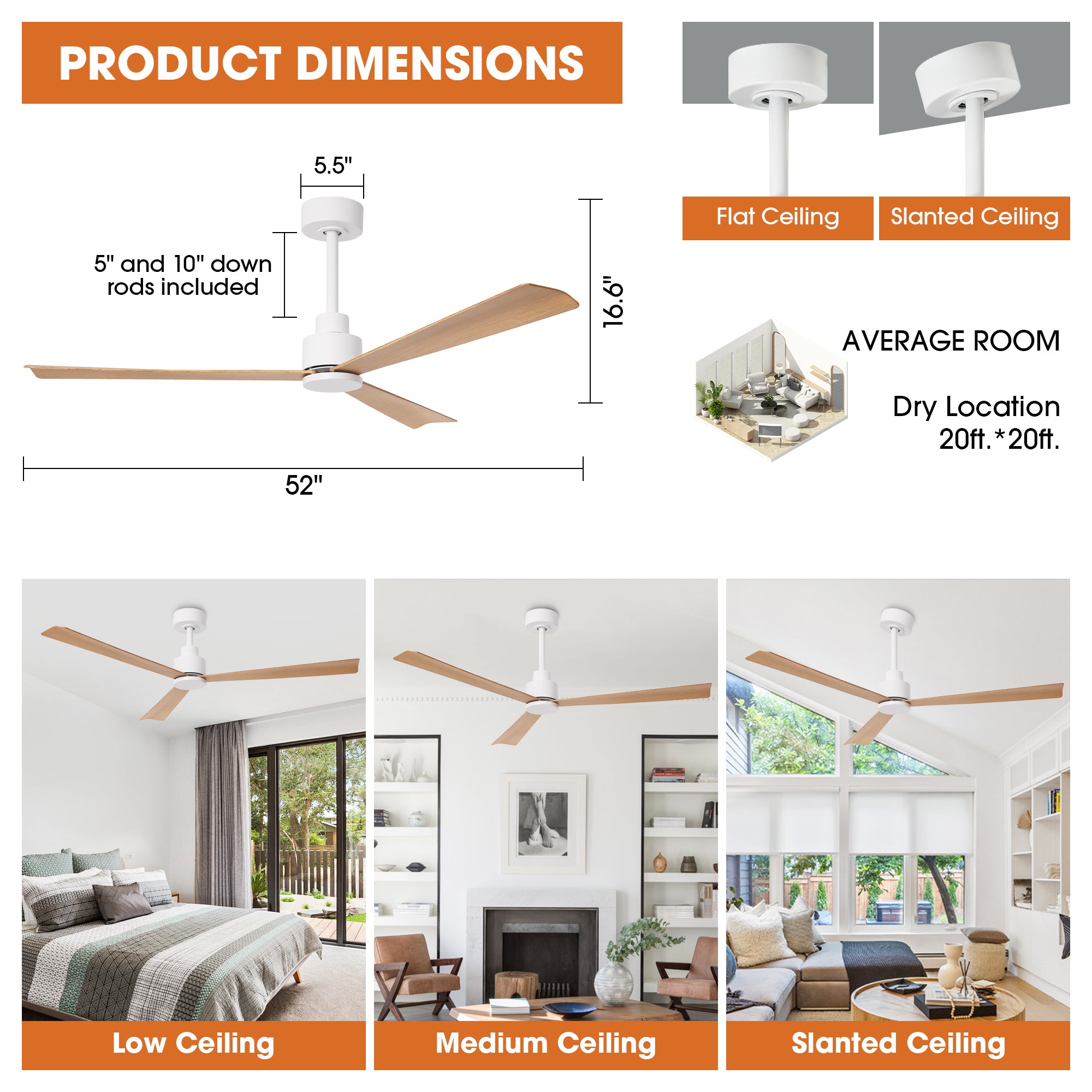 52 Inch Esther 3-Blades Modern Downrod Mount Ceiling Fan with Remote C