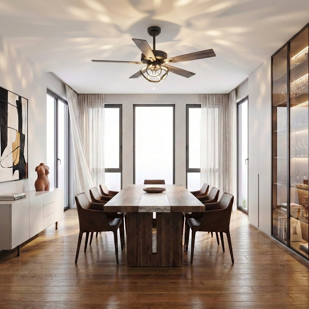 Ventilador de techo de CC de 52" y 6 velocidades, color negro, con iluminación