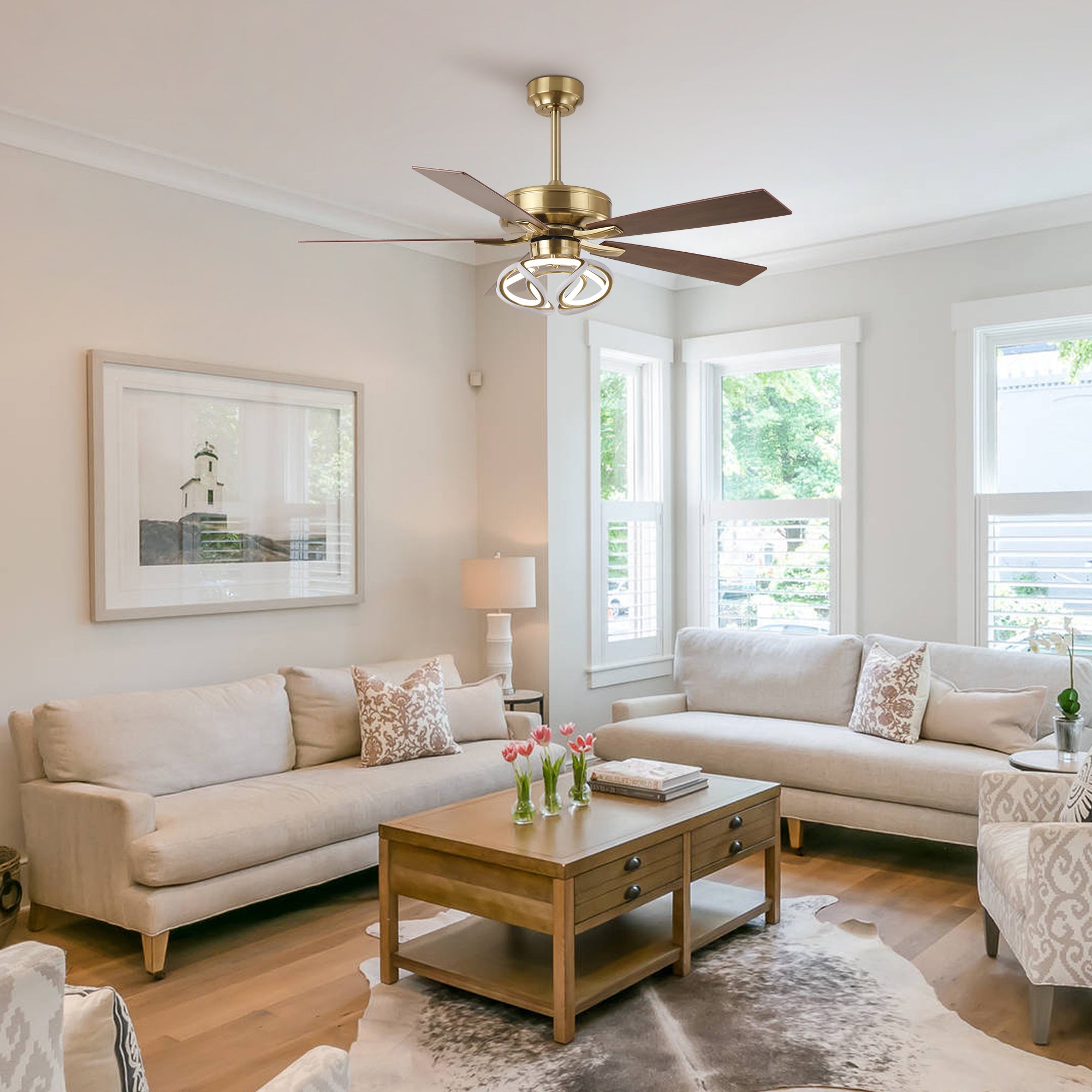 52 Inch Boyd Antique-bronze Golden Downrod Mount RGB LED Smart Fan