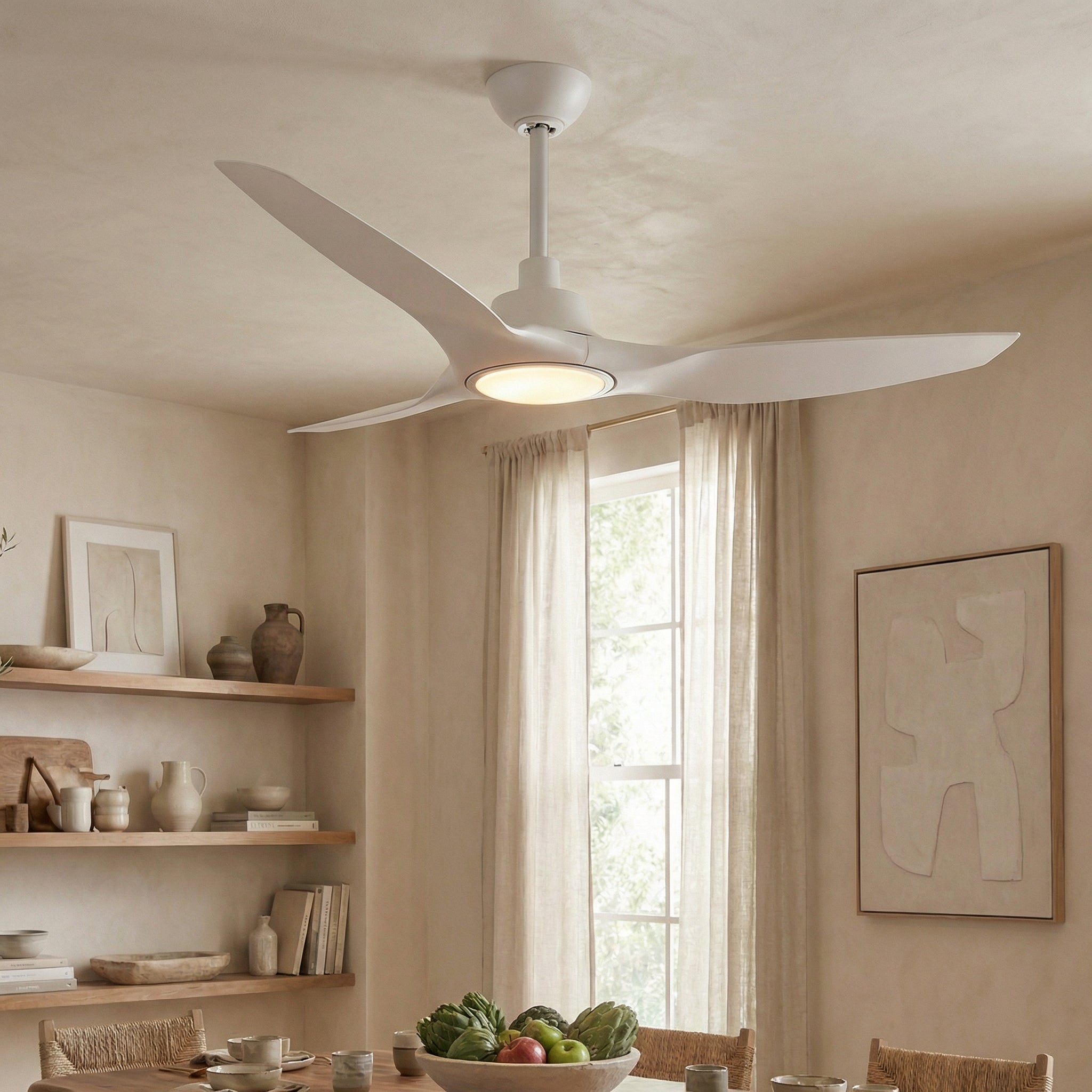 Ventilador inteligente moderno de 52" con motor de CC, 3 aspas y montaje en varilla con luz LED