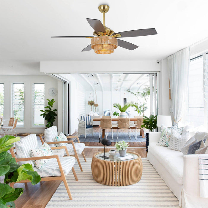 52 Inch Danube Farmhouse DC Motor Golden Downrod Ceiling Fan with Light