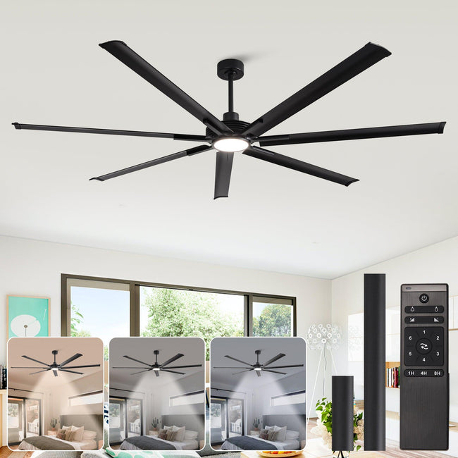 Ventilador de techo Padus negro de gran tamaño de 84 pulgadas y 100 pulgadas con iluminación regulable y control remoto
