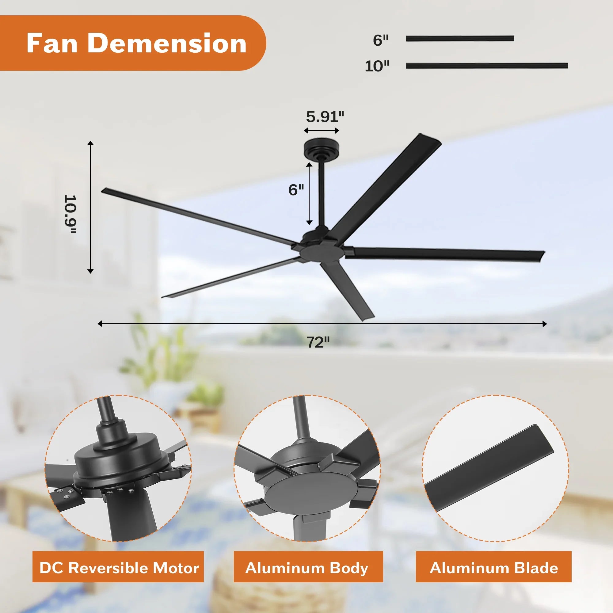 72 Inch 84 Inch Winni All-Aluminum IPX4 Outdoor Ceiling Fan with Remote Control