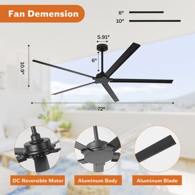 72 Inch 84 Inch Winni All-Aluminum IPX4 Outdoor Ceiling Fan with Remote Control