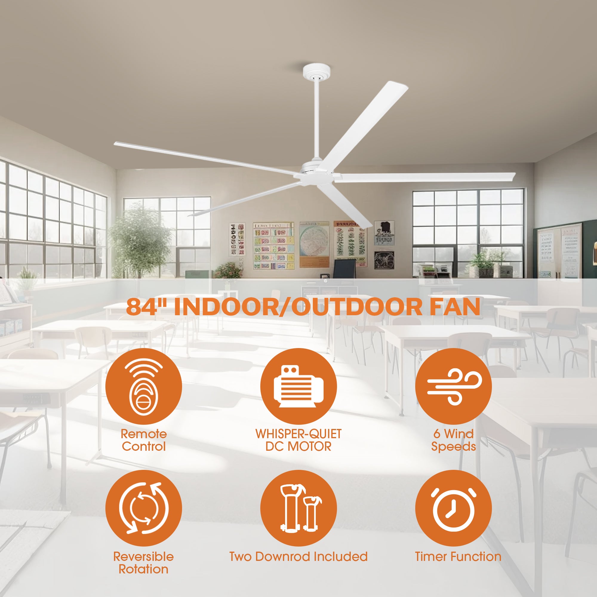 72 Inch 84 Inch Winni All-Aluminum IPX4 Outdoor Ceiling Fan with Remote Control