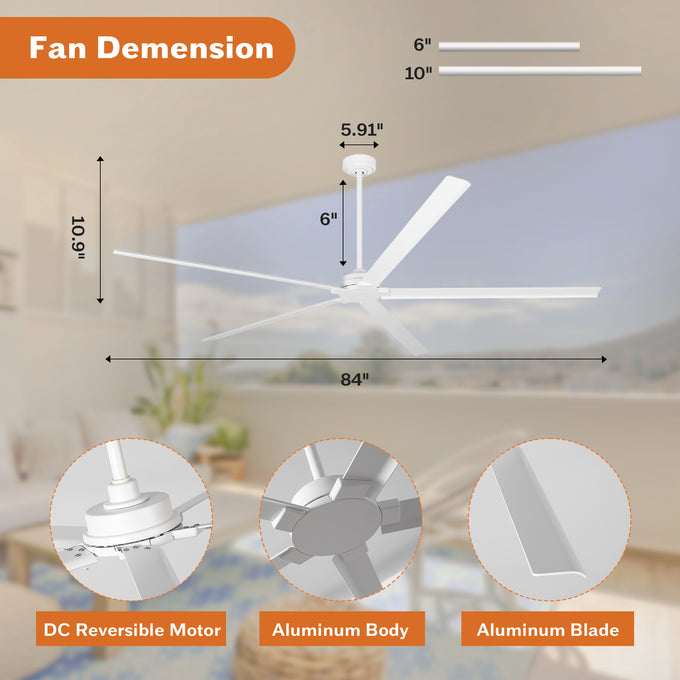 72 Inch 84 Inch Winni All-Aluminum IPX4 Outdoor Ceiling Fan with Remote Control