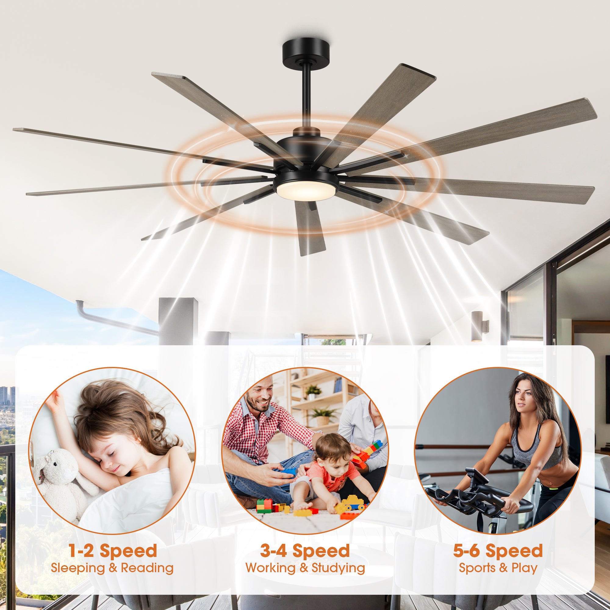 72 Inch Aries Black Downrod Mount LED Windmill Ceiling Fan with Remote Control