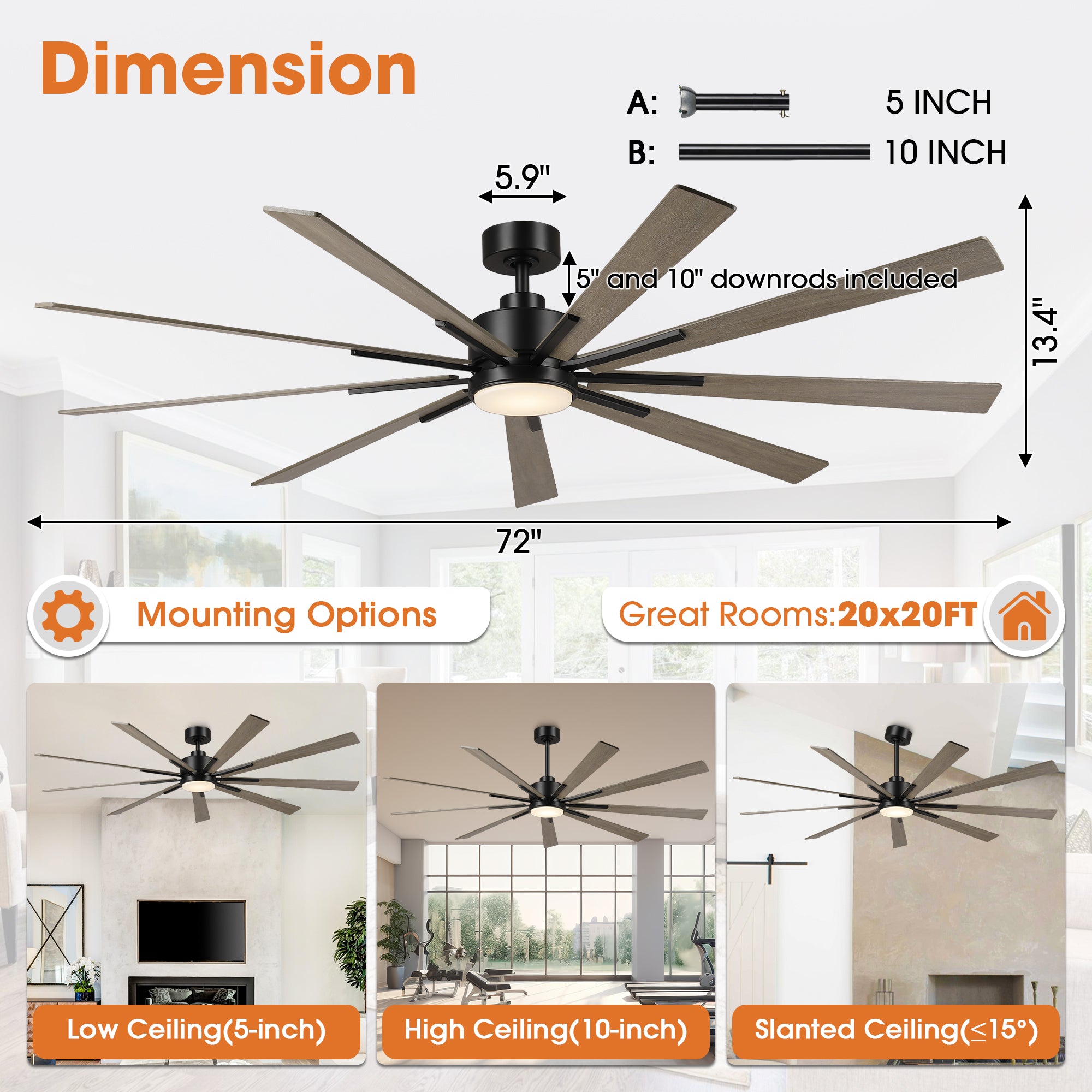 72 Inch Aries Black Downrod Mount LED Windmill Ceiling Fan with Remote Control