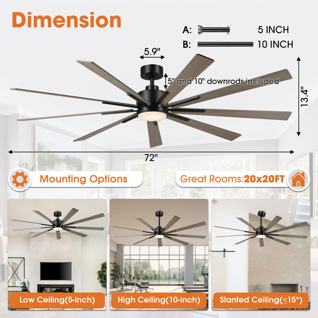 72 Inch Aries Black Downrod Mount LED Windmill Ceiling Fan with Remote Control