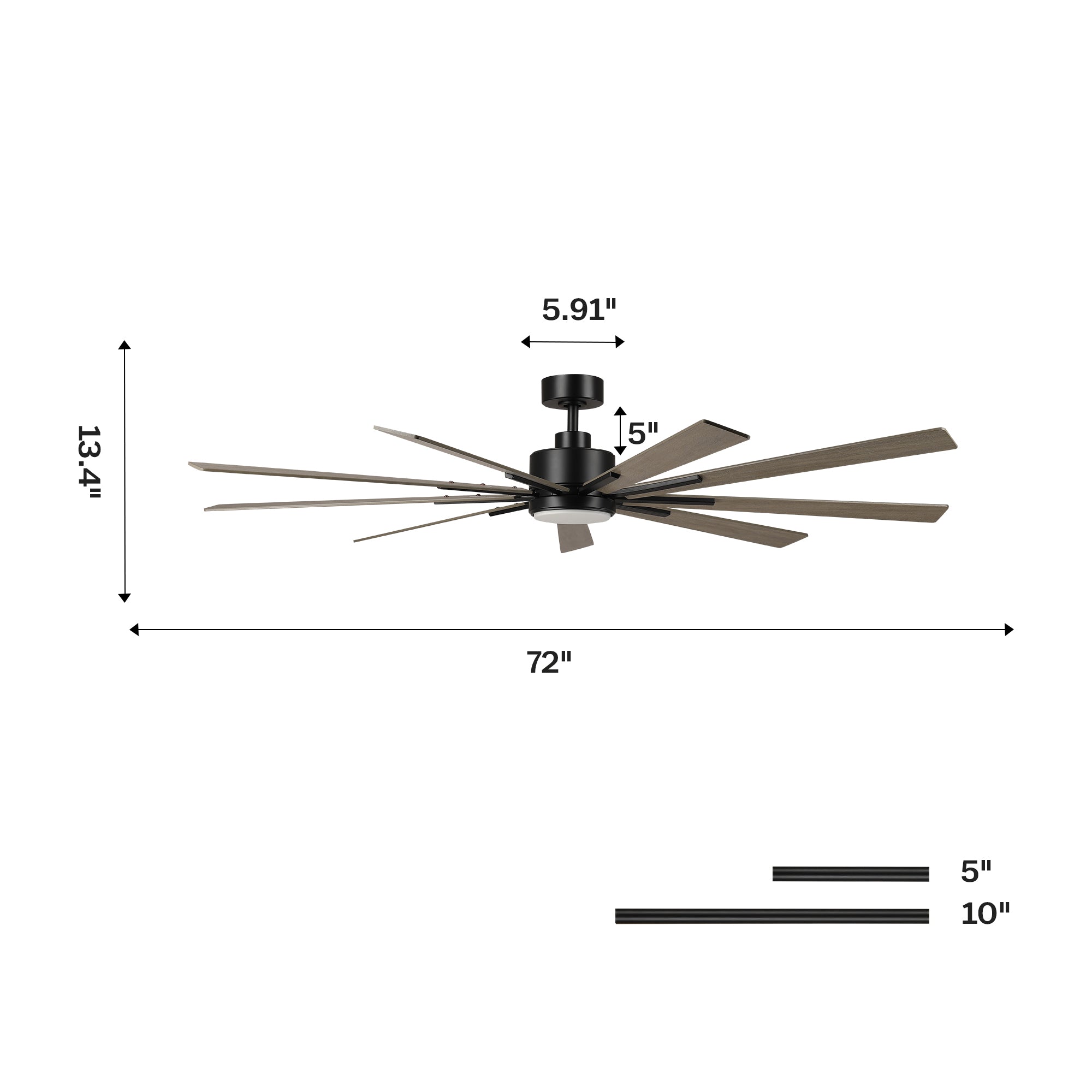 72 Inch Aries Black Downrod Mount LED Windmill Ceiling Fan with Remote Control