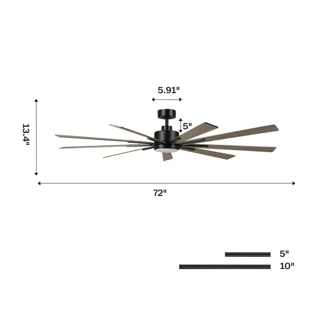 72 Inch Aries Black Downrod Mount LED Windmill Ceiling Fan with Remote Control