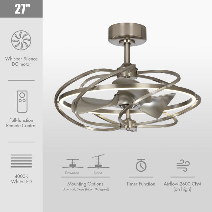 Ventilador de techo reversible Bucholz de 27" con motor de CC industrial, níquel cepillado, montaje en varilla, iluminación y control remoto.