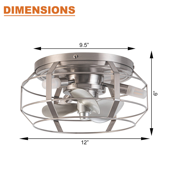 12 "Motor de CC industrial Níquel satinado Flush Mount Reversible Iron Ceiling Fan con iluminación y control remoto
