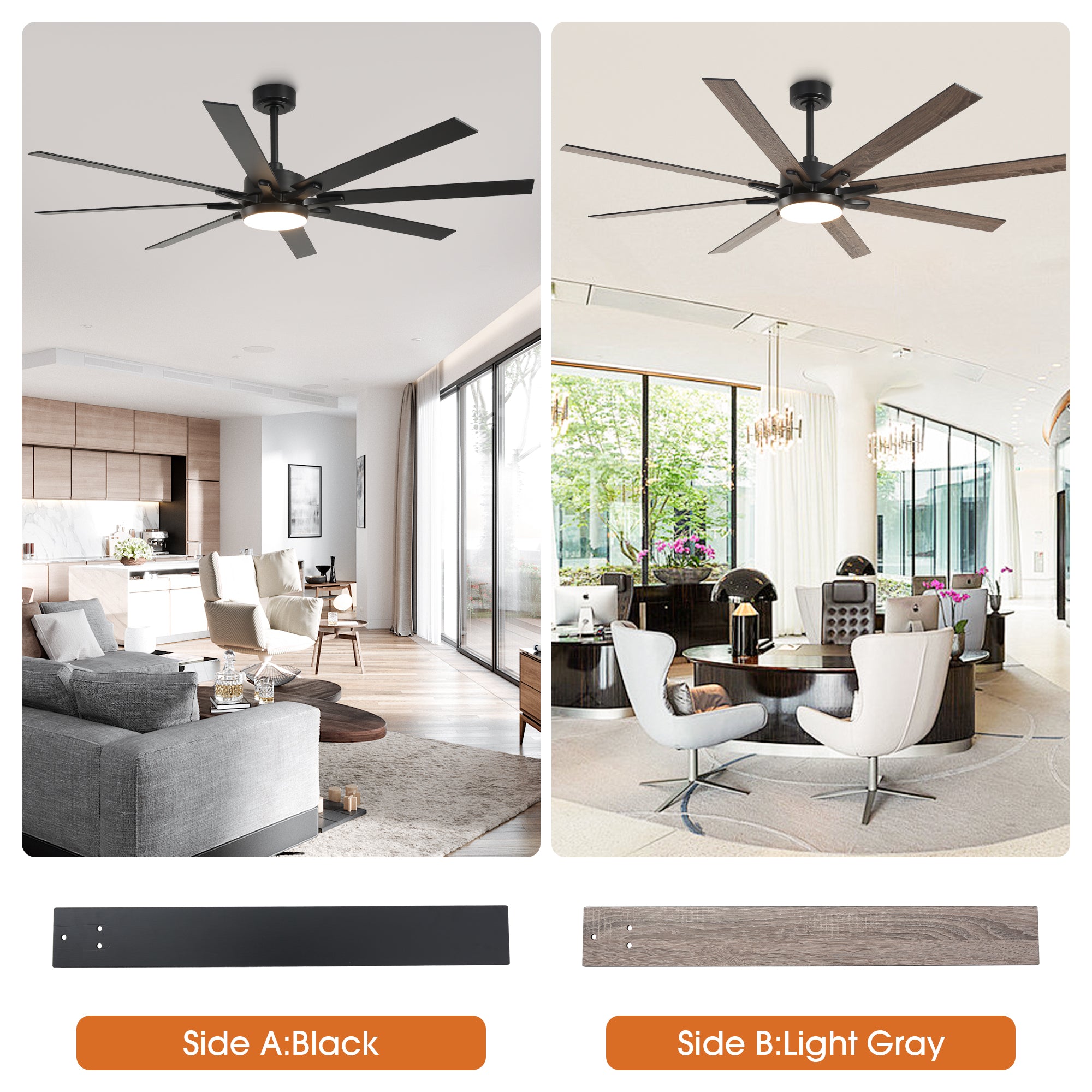 Ventilador de techo moderno Teresa de 65 pulgadas con aspas de doble cara, control remoto y luz LED.
