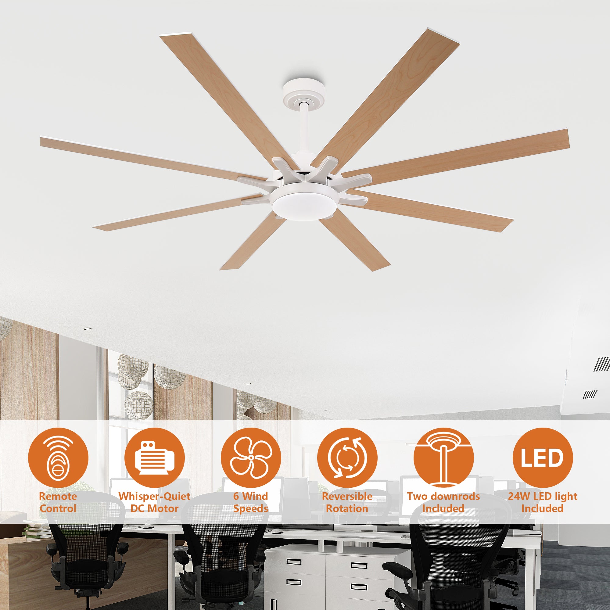 Ventilador de techo moderno Teresa de 65 pulgadas con aspas de doble cara, control remoto y luz LED.
