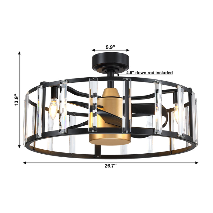 27" Modern DC Motor Downrod Mount Reversible Crystal Ceiling Fan with Lighting and Remote Control