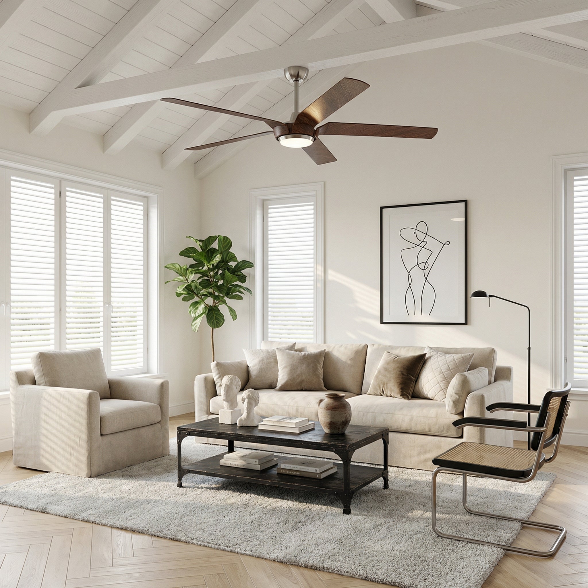 Ventilador de techo Fury Farmhouse de 65" con motor de CC, montaje en varilla, iluminación y control remoto