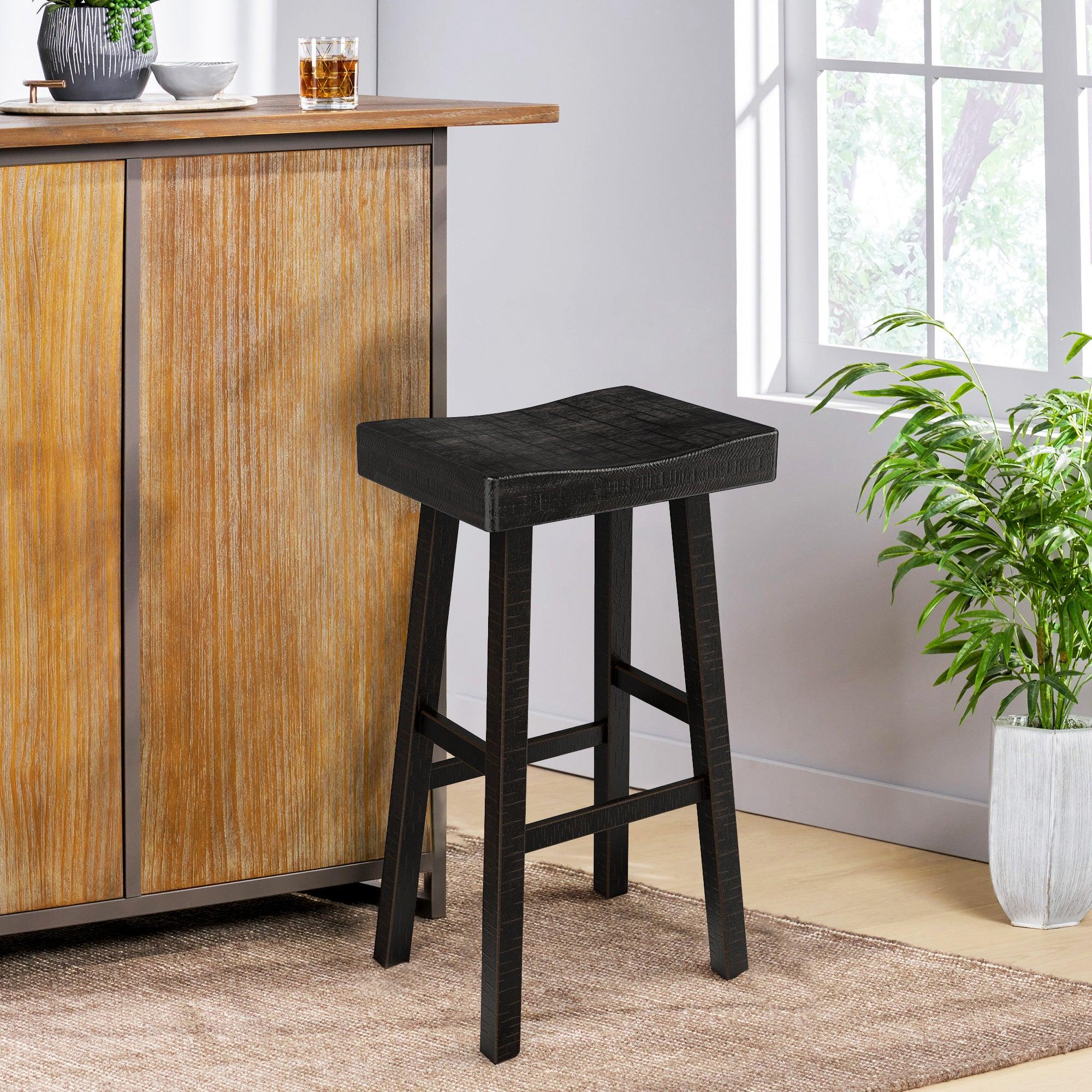 Set of 2 Farmhouse Solid Wood Bar Stools - Backless Saddle Seat Counter Height Chairs for Kitchen Island, Breakfast Nook & Home Office
