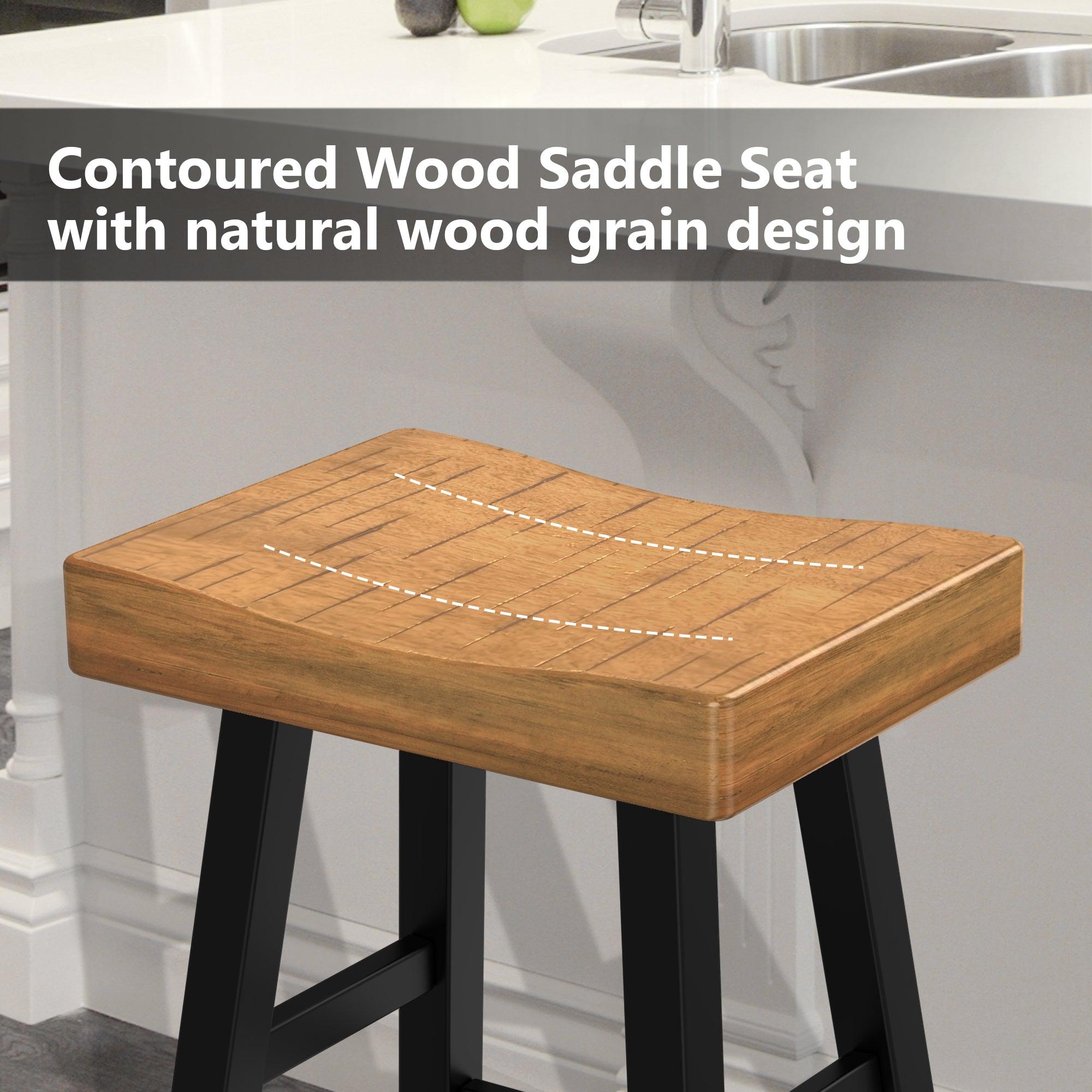 Set of 2 Farmhouse Solid Wood Bar Stools - Backless Saddle Seat Counter Height Chairs for Kitchen Island, Breakfast Nook & Home Office