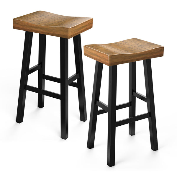 Set of Farmhouse Solid Wood Bar Stools Backless Saddle Seat Counte
