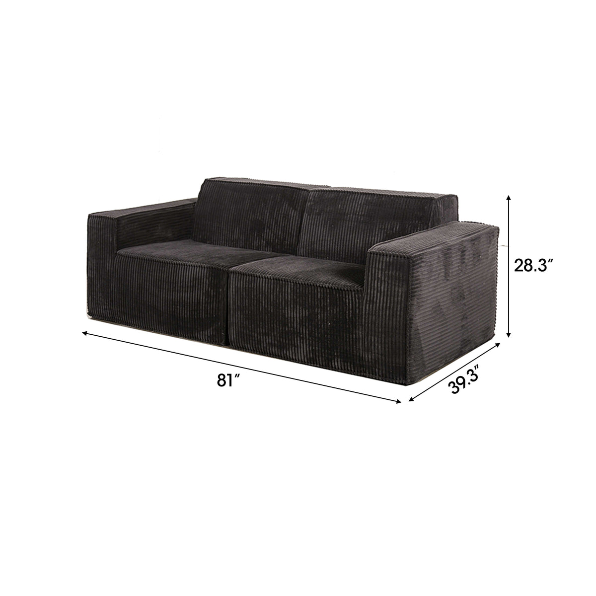 Black Corduroy Modular Compressed Sofa & Loveseat with Track Arms